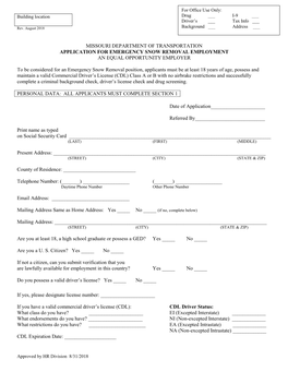 Missouri Department of Transportation Application for Emergency Snow Removal Employment an Equal Opportunity Employer