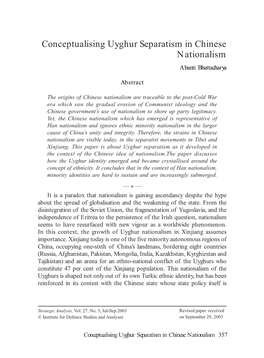 Conceptualising Uyghur Separatism in Chinese Nationalism Abanti Bhattacharya