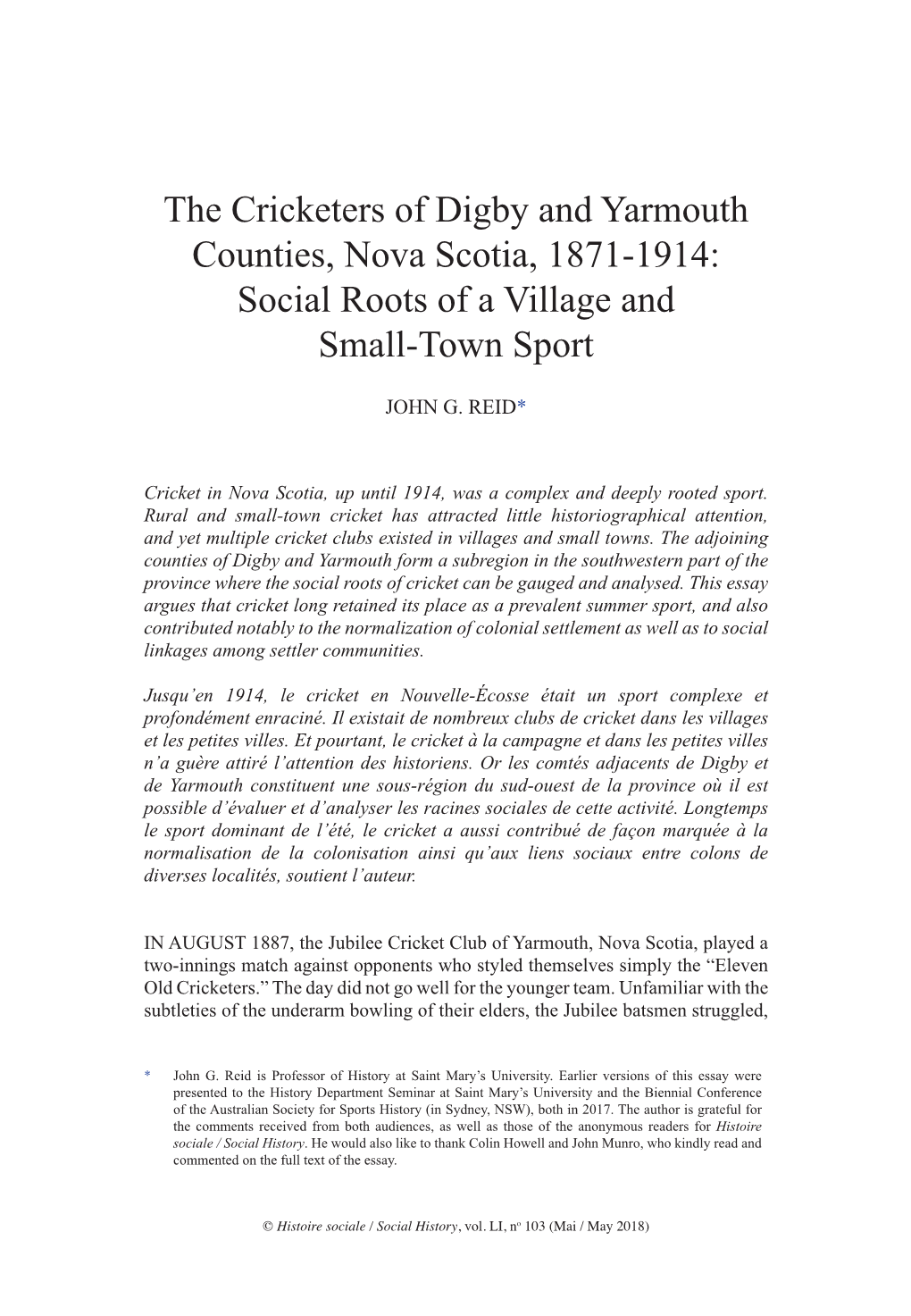 The Cricketers of Digby and Yarmouth Counties, Nova Scotia, 1871-1914: Social Roots of a Village and Small-Town Sport