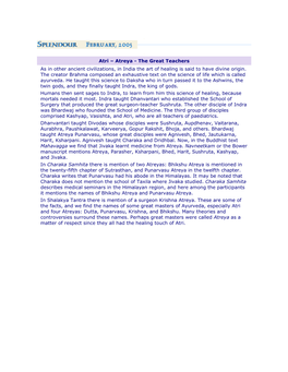 Atreya - the Great Teachers As in Other Ancient Civilizations, in India the Art of Healing Is Said to Have Divine Origin