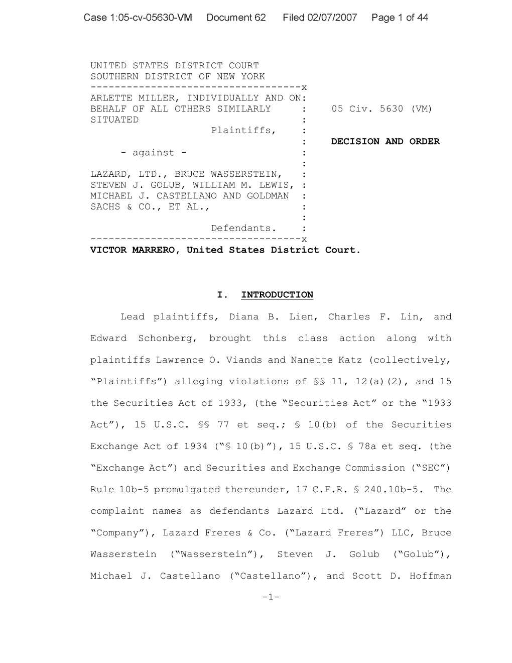 Arlette Miller, Et Al. V. Lazard Ltd., Et Al. 05-CV-05630-Decision and Order