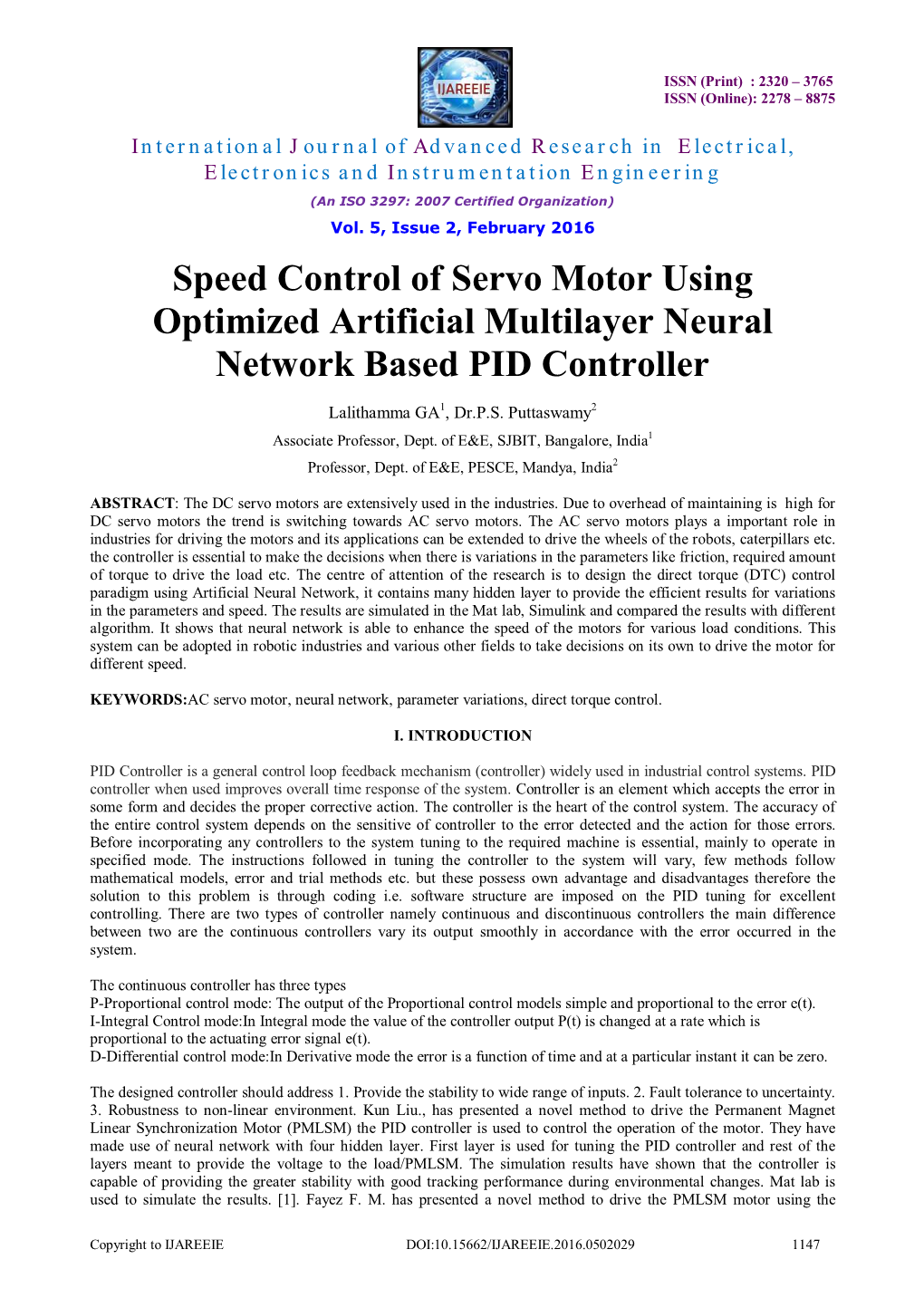 Speed Control of Servo Motor Using Optimized Artificial Multilayer Neural Network Based PID Controller