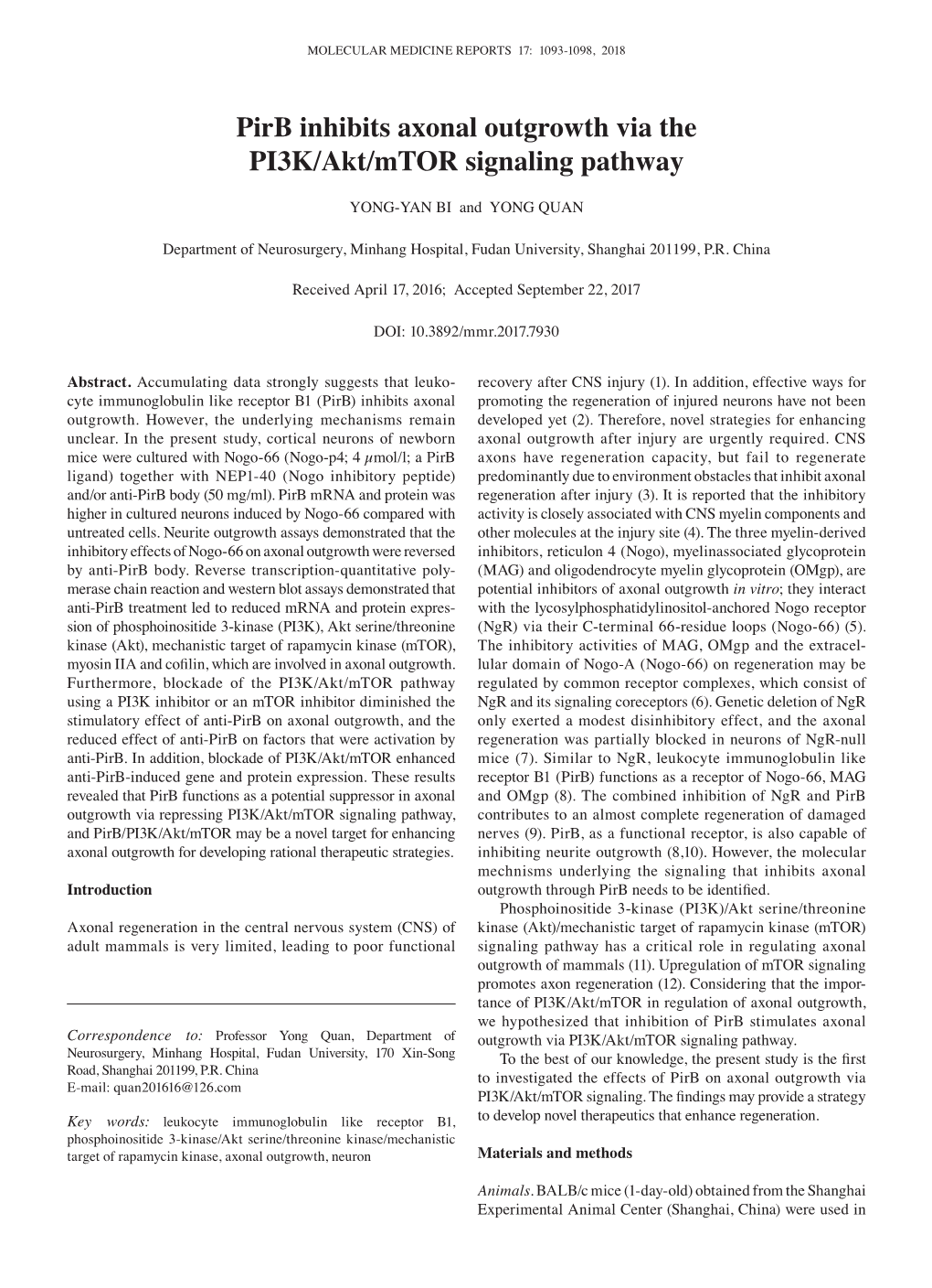 Pirb Inhibits Axonal Outgrowth Via the PI3K/Akt/Mtor Signaling Pathway