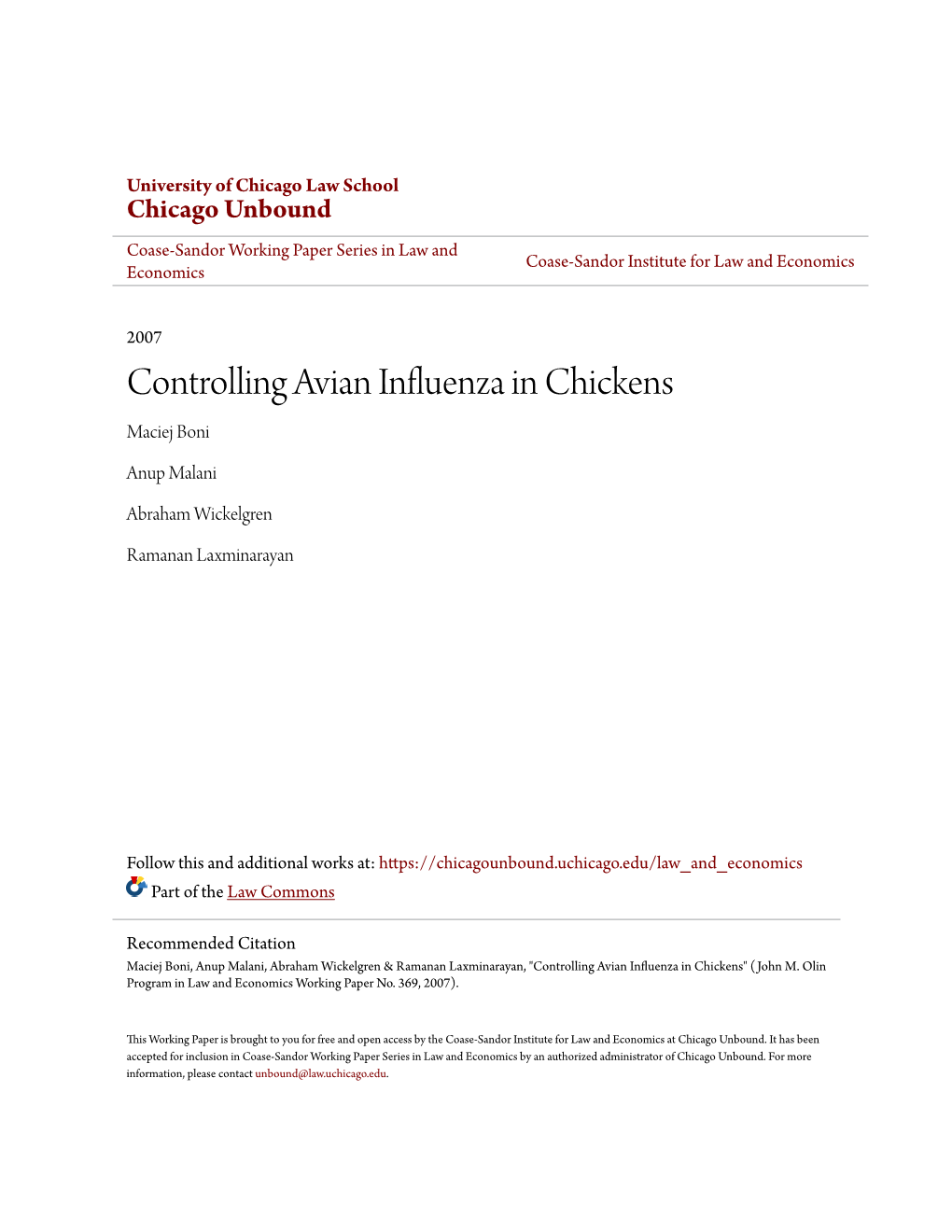 Controlling Avian Influenza in Chickens Maciej Boni