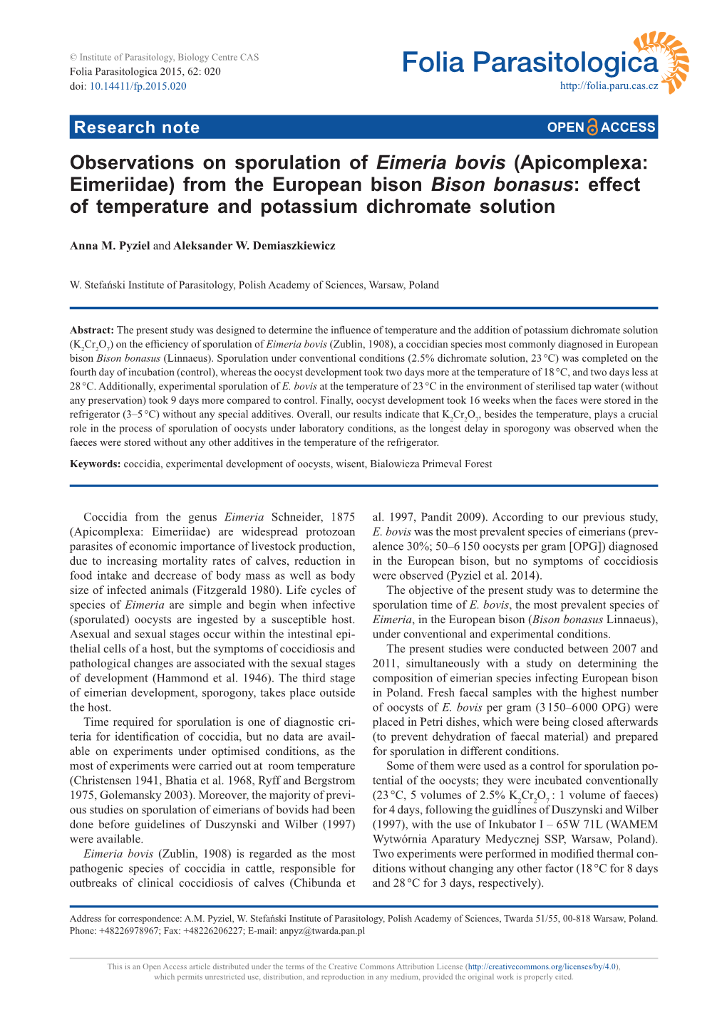 Observations on Sporulation of Eimeria Bovis (Apicomplexa: Eimeriidae) from the European Bison Bison Bonasus: Effect of Temperature and Potassium Dichromate Solution