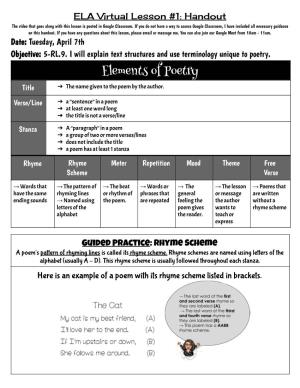 Elements of Poetry Title ➔ the Name Given to the Poem by the Author