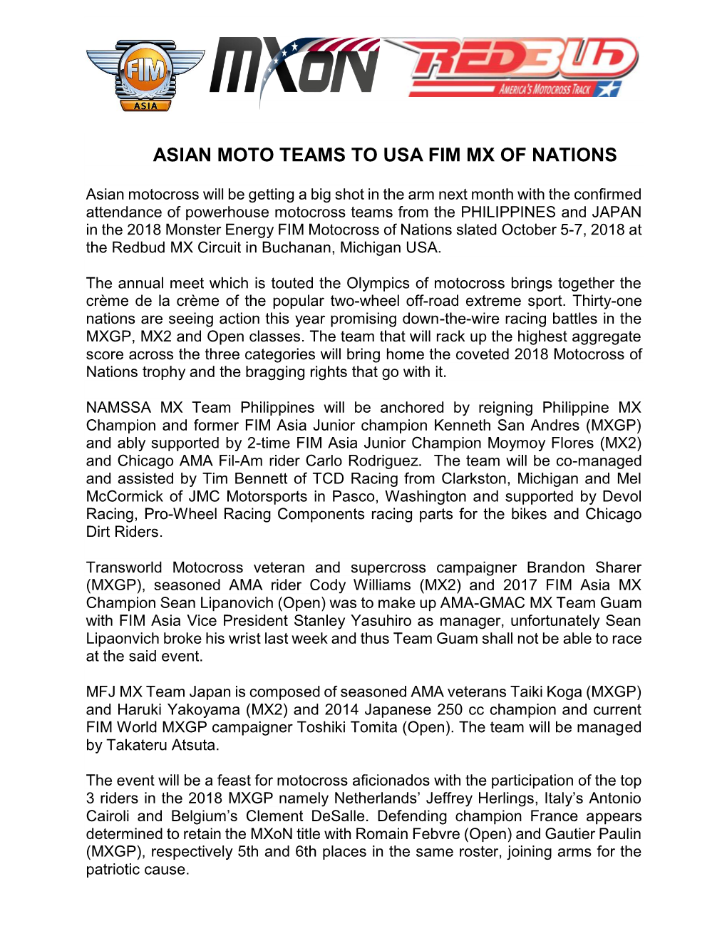 Asian Moto Teams to Usa Fim Mx of Nations