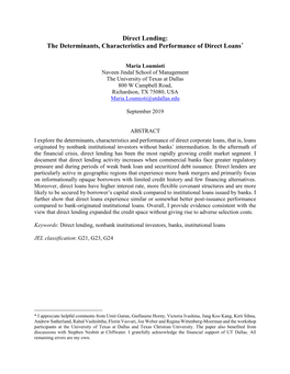 Direct Lending: the Determinants, Characteristics and Performance of Direct Loans*