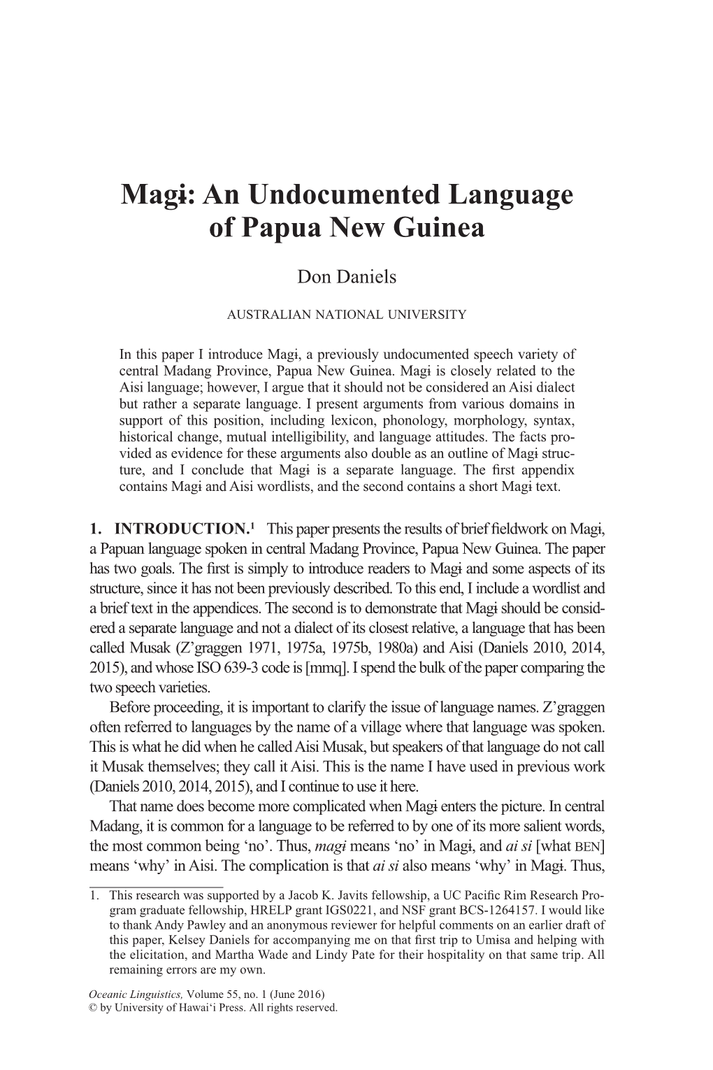 Magi: an Undocumented Language of Papua New Guinea