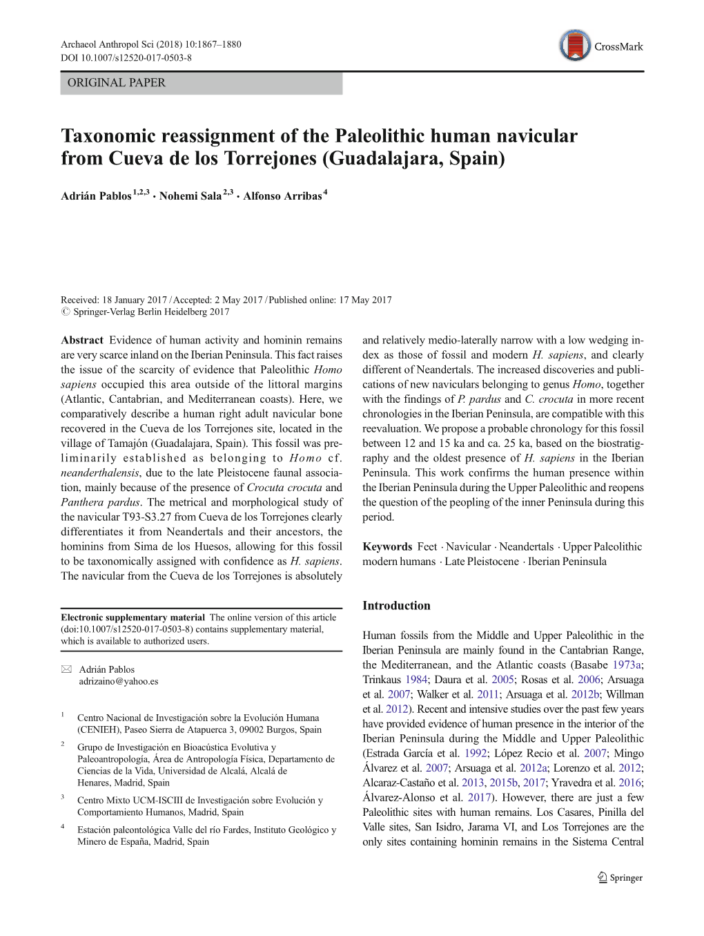 Taxonomic Reassignment of the Paleolithic Human Navicular from Cueva De Los Torrejones (Guadalajara, Spain)