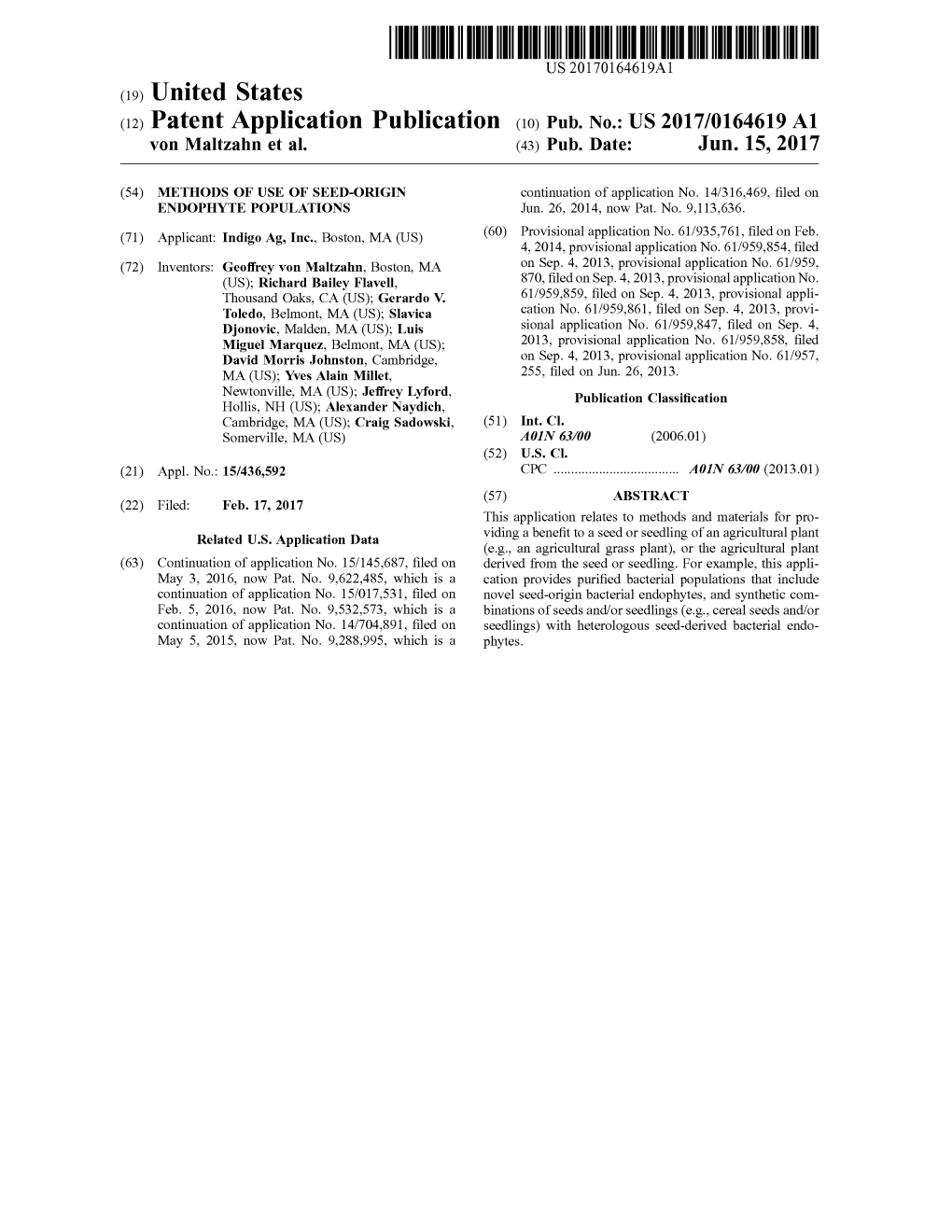 (12) Patent Application Publication (10) Pub. No.: US 2017/0164619 A1 Von Maltzahn Et Al