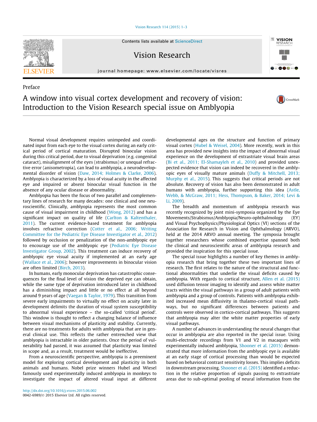 A Window Into Visual Cortex Development and Recovery of Vision: Introduction to the Vision Research Special Issue on Amblyopia