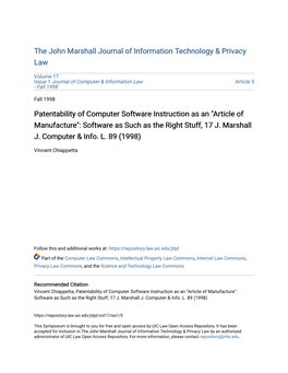 Patentability of Computer Software Instruction As an "Article of Manufacture": Software As Such As the Right Stuff, 17 J