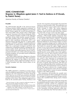 ASHG COMMENTARY Response to Allegations Against James V. Neel in Darkness in El Dorado, by Patrick Tierney American Society of Human Genetics*