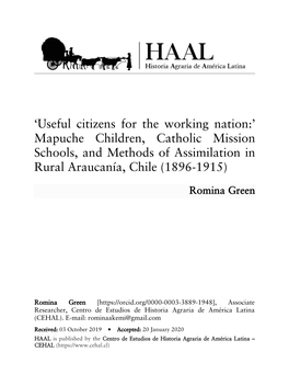 'Useful Citizens for the Working Nation:' Mapuche Children, Catholic