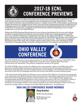 OHIO VALLEY CONFERENCE the 2017-18 ECNL Season Is the Inaugural Season for the Ohio Valley Conference