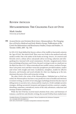 Review Articles Metamorphosis: the Changing Face of Ovid Mark Amsler University of Auckland