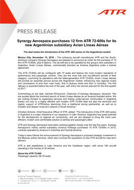 Synergy Aerospace Purchases 12 Firm ATR 72-600S for Its New Argentinian Subsidiary Avian Líneas Aéreas