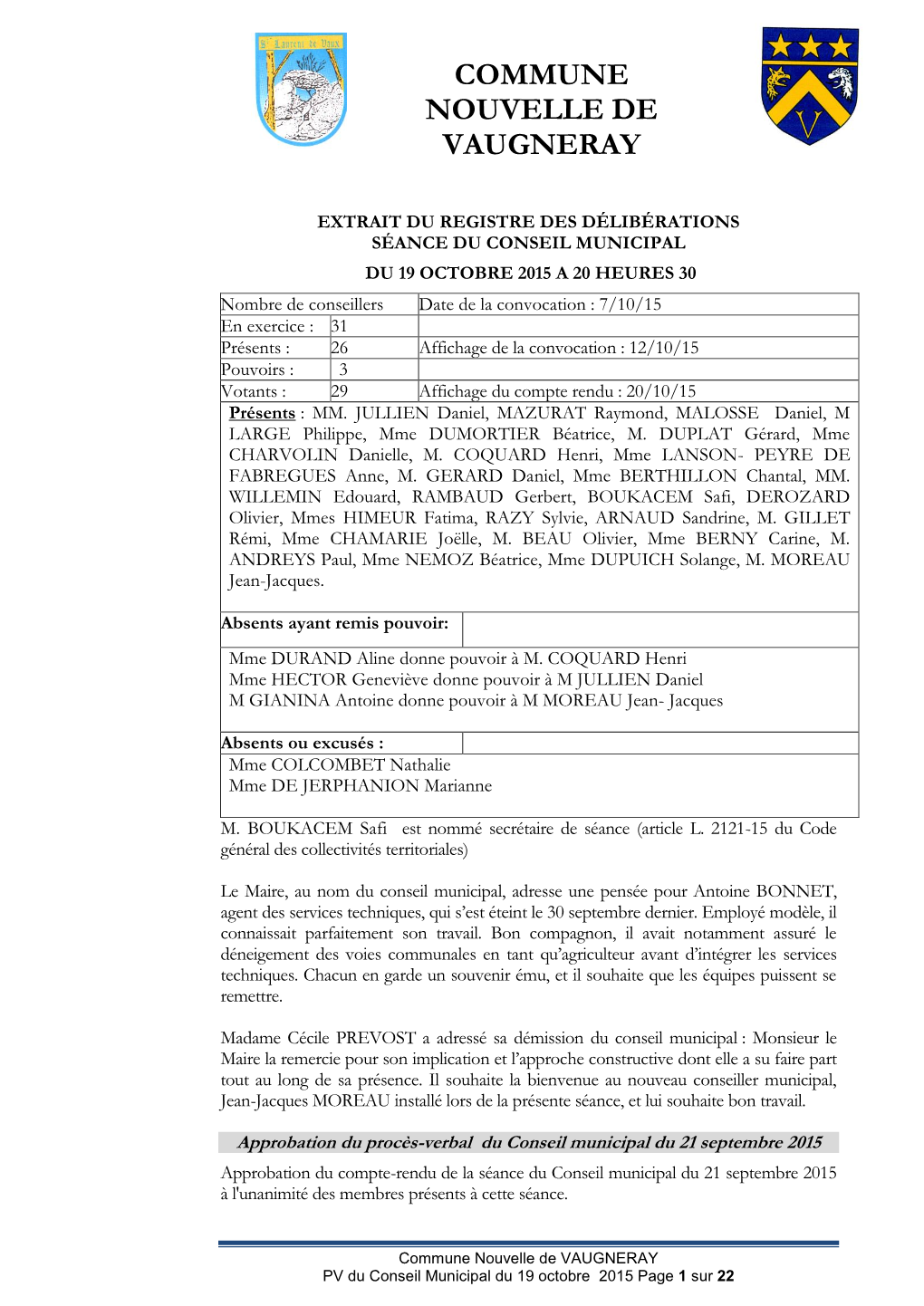 Commune Nouvelle De VAUGNERAY PV Du Conseil Municipal Du 19 Octobre 2015 Page 1 Sur 22