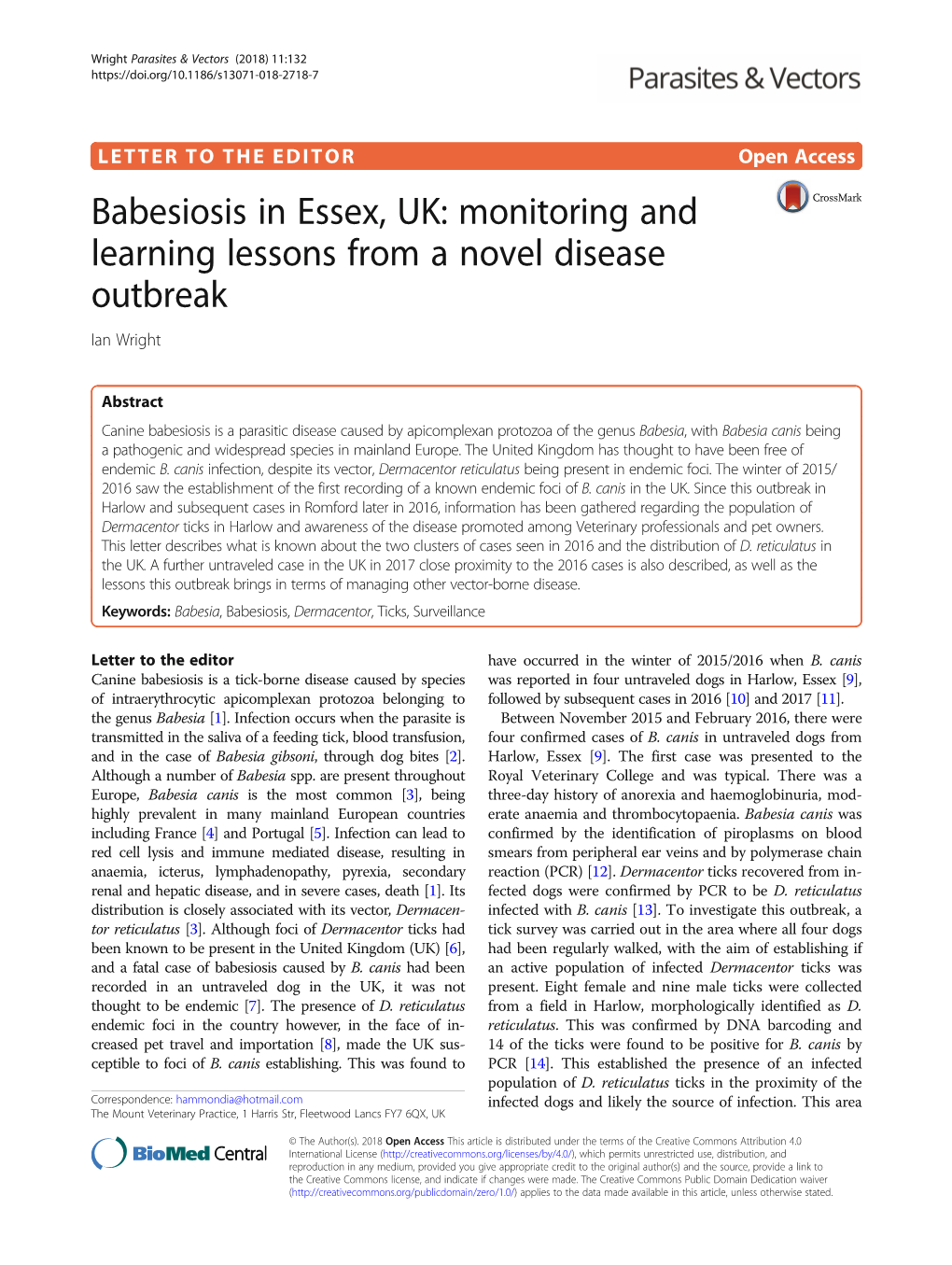 Babesiosis in Essex, UK: Monitoring and Learning Lessons from a Novel Disease Outbreak Ian Wright