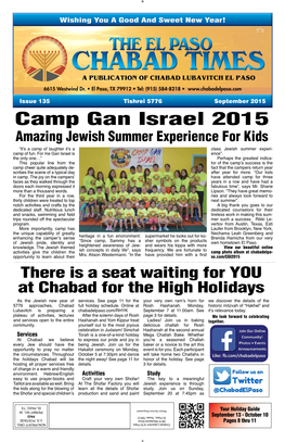 Camp Gan Israel 2015 Amazing Jewish Summer Experience for Kids “It’S a Camp of Laughter It’S a Class Jewish Summer Experi- Camp of Fun