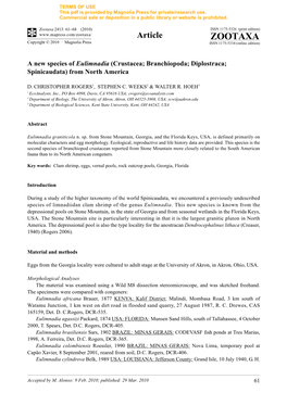 Zootaxa, a New Species of Eulimnadia (Crustacea; Branchiopoda