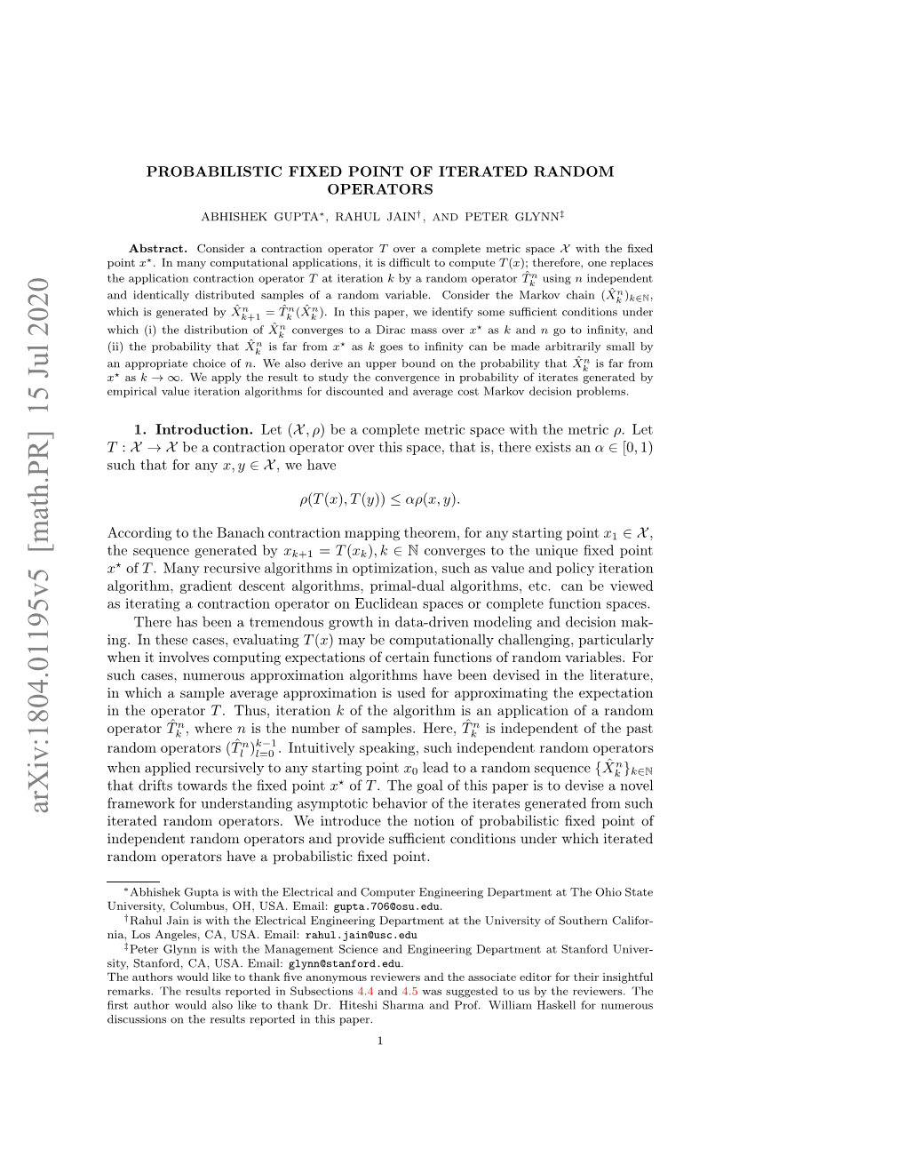 Arxiv:1804.01195V5 [Math.PR] 15 Jul 2020 Htdit Oad H Xdpoint ﬁxed the Towards Drifts That Admoeaoshv Rbblsi Xdpoint