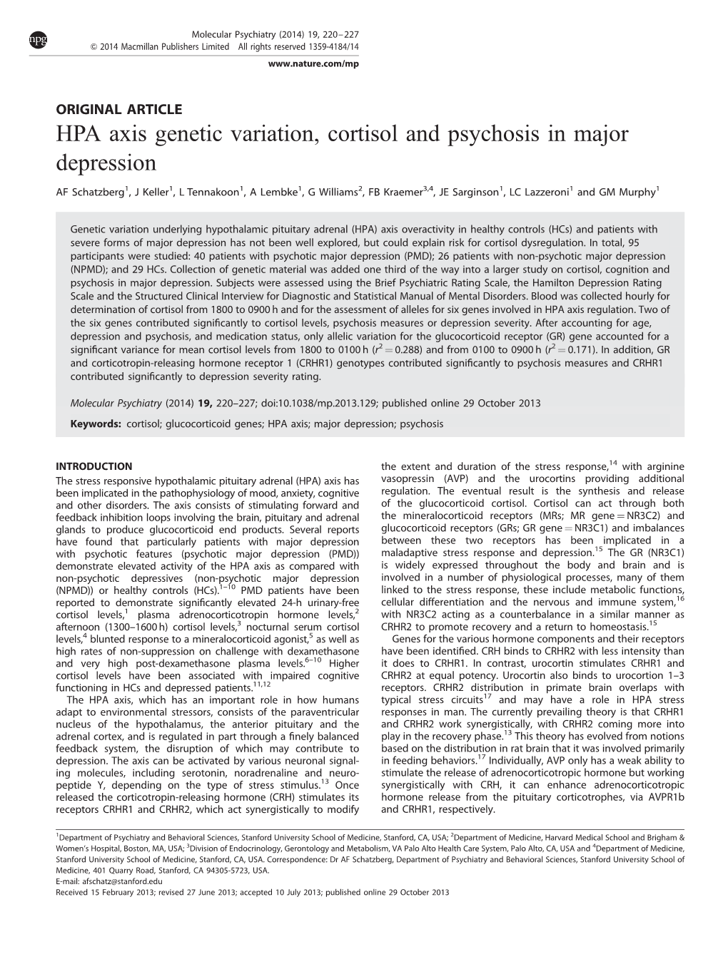 HPA Axis Genetic Variation, Cortisol and Psychosis in Major Depression