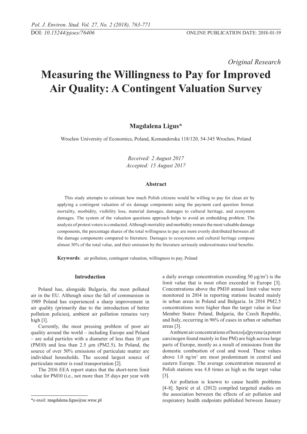 Measuring the Willingness to Pay for Improved Air Quality: a Contingent Valuation Survey