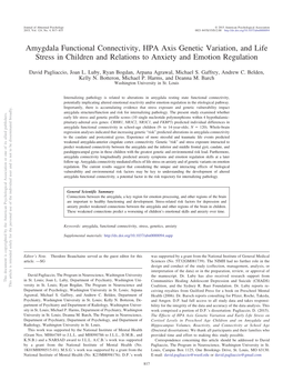 Amygdala Functional Connectivity, HPA Axis Genetic Variation, and Life Stress in Children and Relations to Anxiety and Emotion Regulation