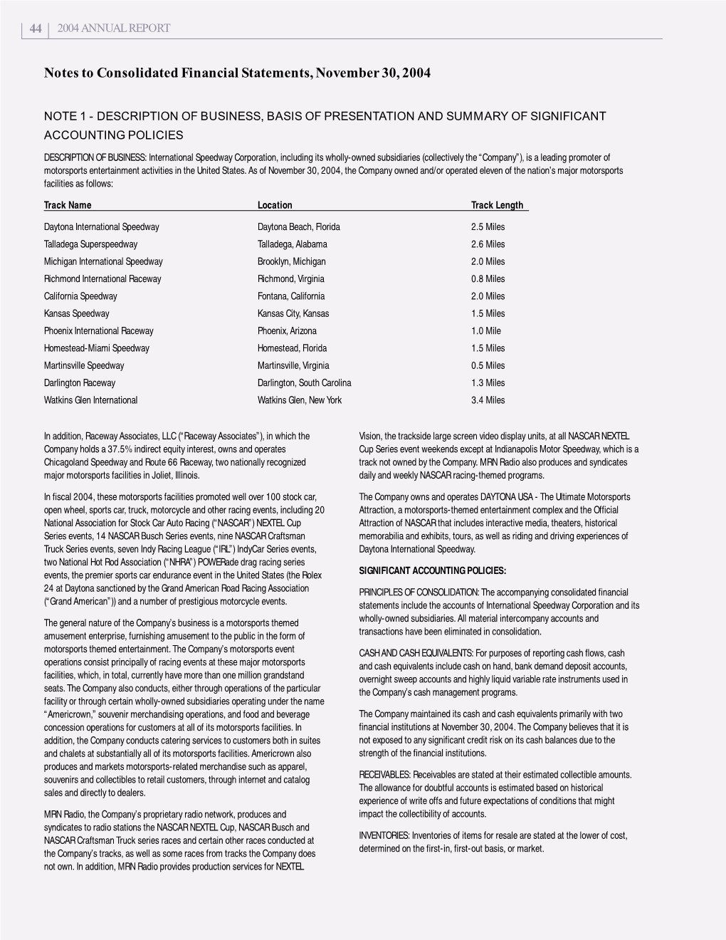 Notes to Consolidated Financial Statements, November 30, 2004