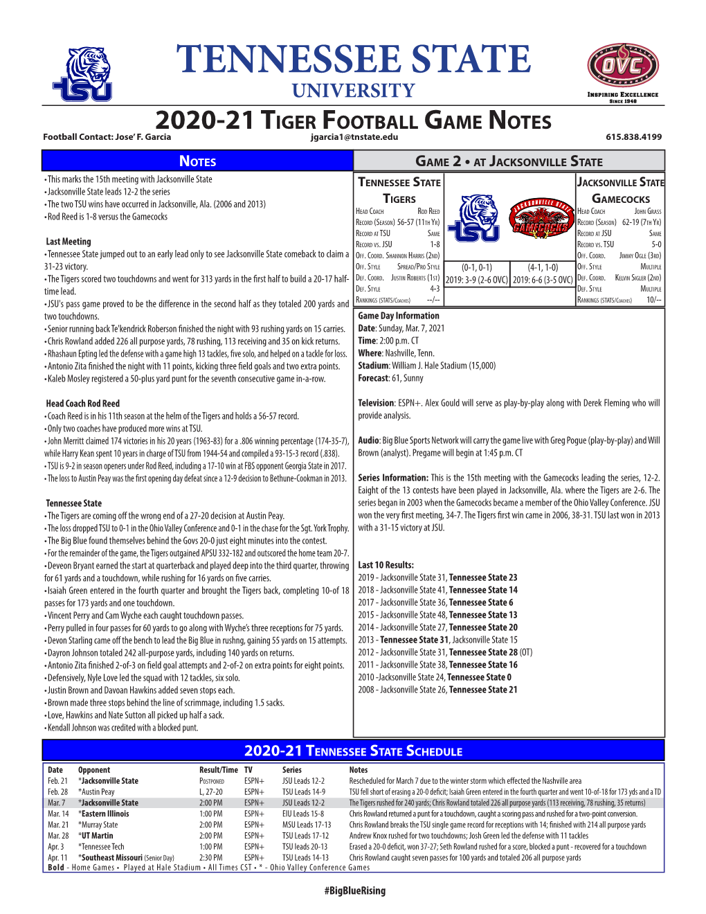 TENNESSEE STATE UNIVERSITY 2020-21 Tiger Football Game Notes Football Contact: Jose’ F