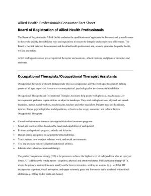 Allied Health Professionals Consumer Fact Sheet Board of Registration of Allied Health Professionals