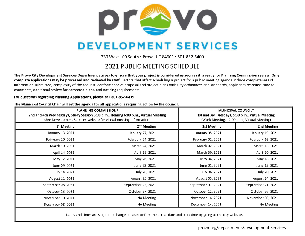 2021 Public Meeting Schedule