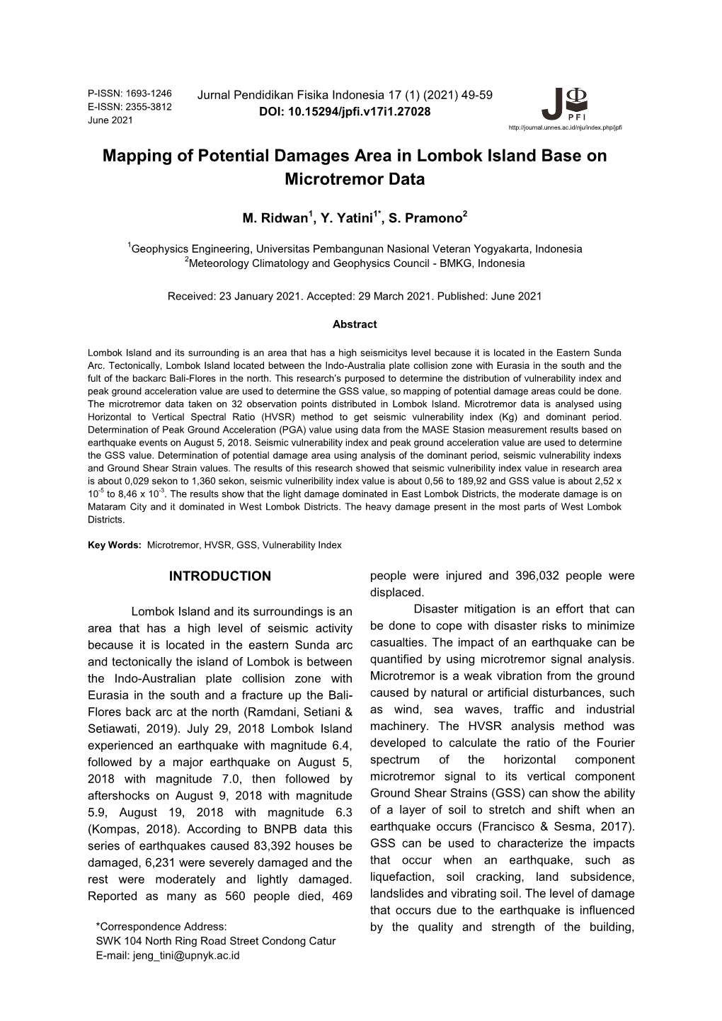 Mapping of Potential Damages Area in Lombok Island Base on Microtremor Data