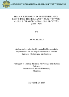 ISLAMIC REFORMISM in the NETHERLANDS EAST INDIES: the ROLE and THOUGHT of Cabd ALLĀH B