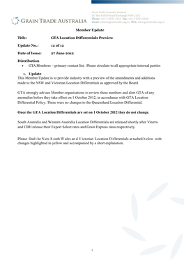 This Member Update Is to Provide Industry with a Preview of the Amendments and Additions Made to the NSW and Victorian Location Differentials As Approved by the Board