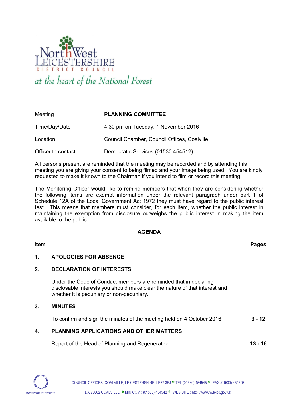 (Public Pack)Agenda Document for Planning Committee, 01/11/2016 16:30