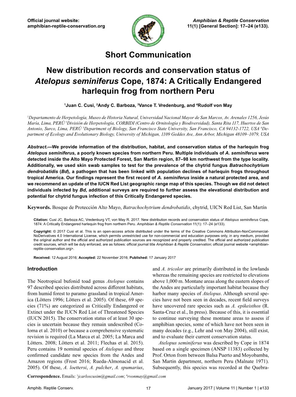 Short Communication New Distribution Records and Conservation Status of Atelopus Seminiferus Cope, 1874: a Critically Endangered Harlequin Frog from Northern Peru