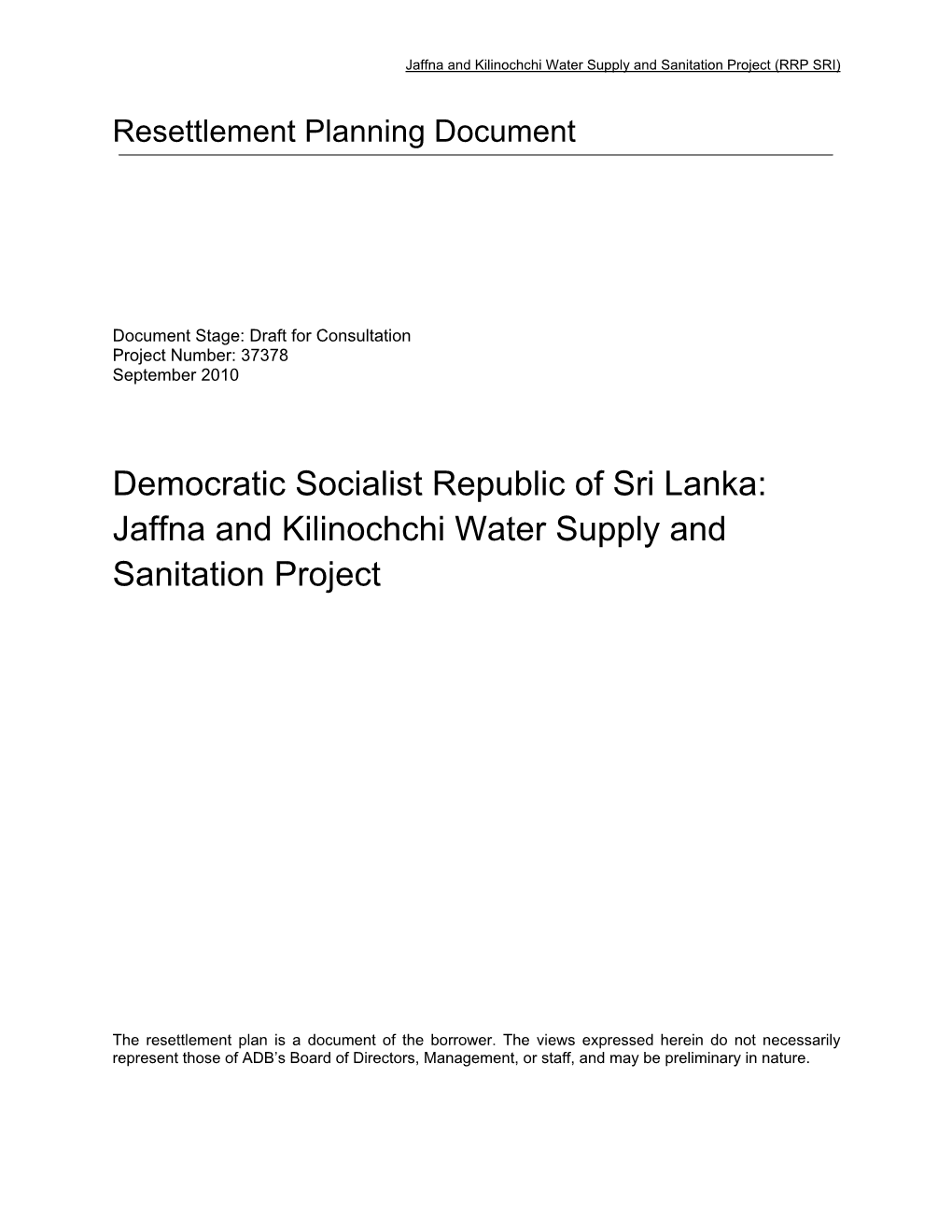 Sri Lanka, Jaffna and Kilinochchi Water Supply and Sanitation Project