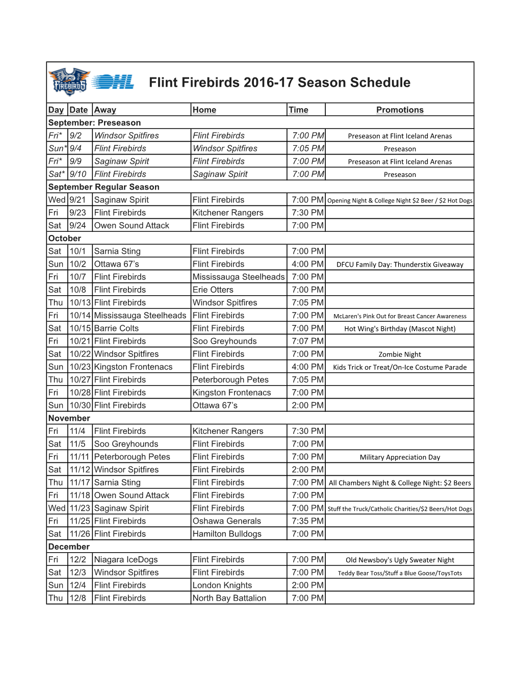 Flint Firebirds 2016-17 Season Schedule