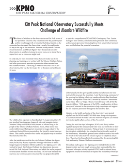 Kitt Peak National Observatory Successfully Meets Challenge of Alambre Wildfire
