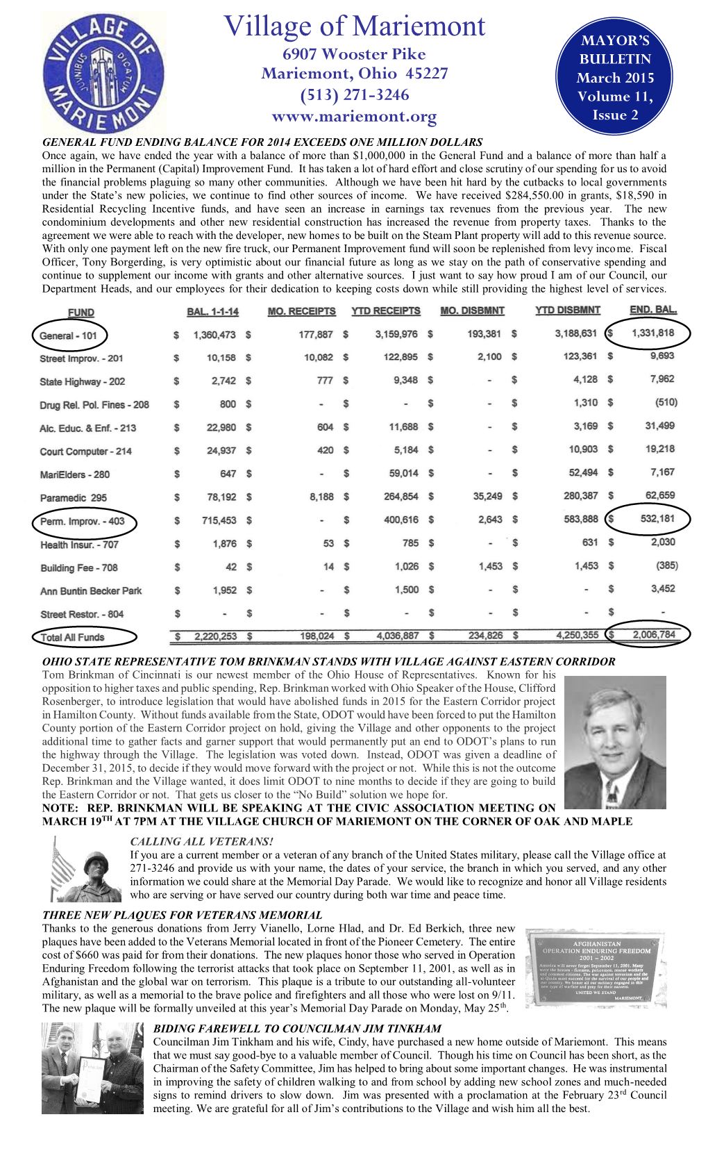 Village of Mariemont MAYOR’S 6907 Wooster Pike BULLETIN Mariemont, Ohio 45227 March 2015