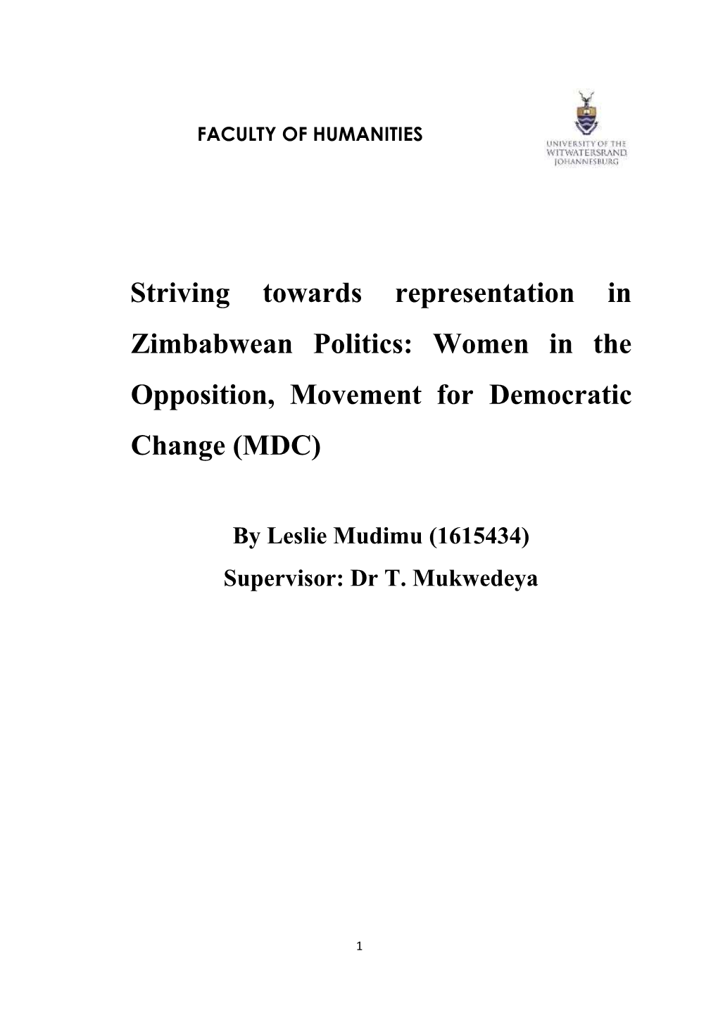 Striving Towards Representation in Zimbabwean Politics: Women in the Opposition, Movement for Democratic Change (MDC)