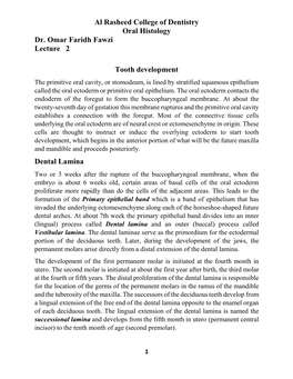 Al Rasheed College of Dentistry Oral Histology Dr. Omar Faridh Fawzi Lecture 2