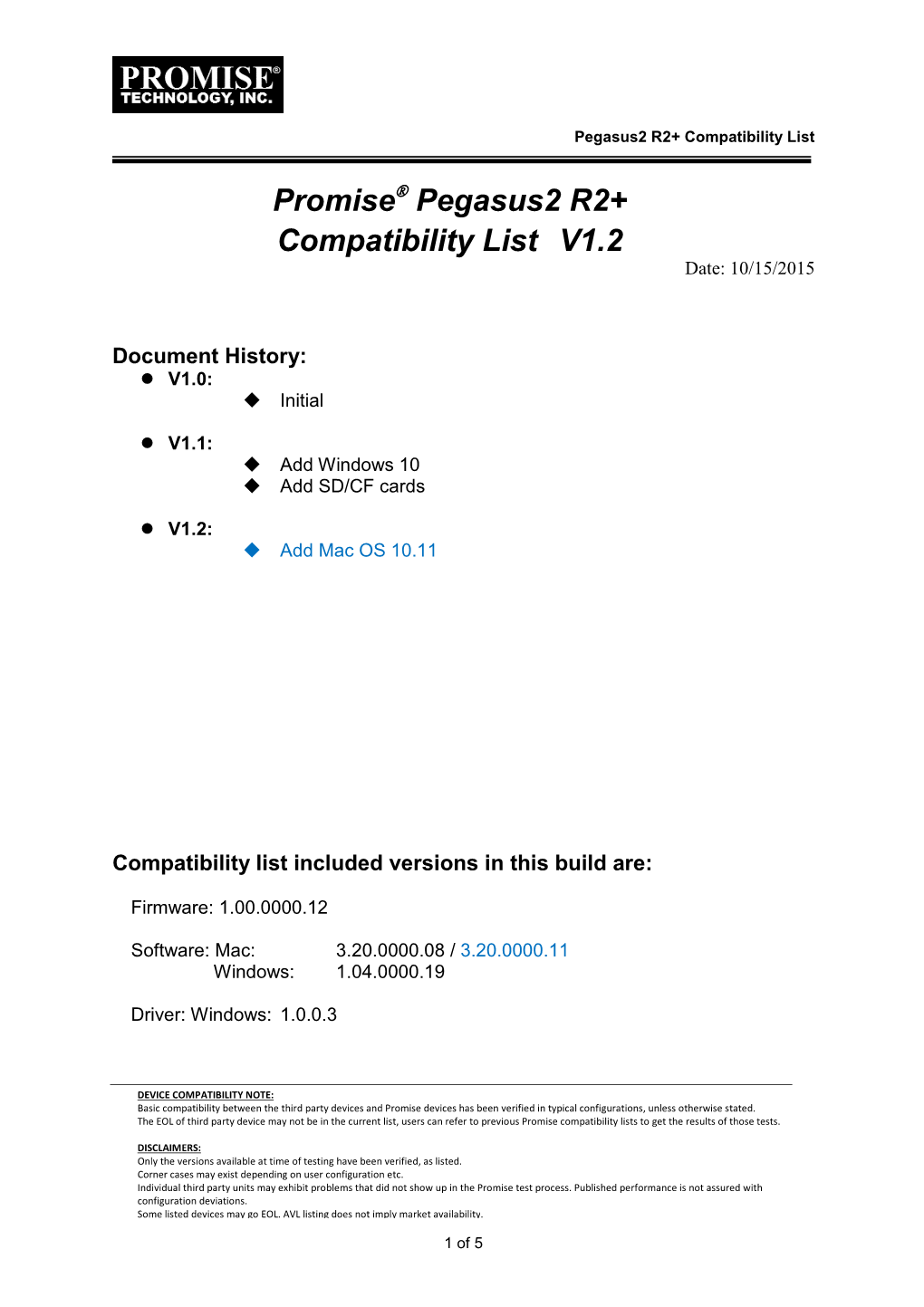 Promise Pegasus2 R2+ Compatibility List V1.2