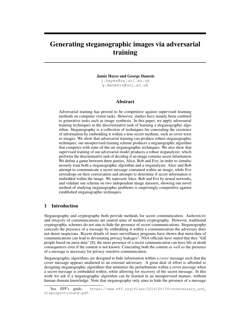 Generating Steganographic Images Via Adversarial Training