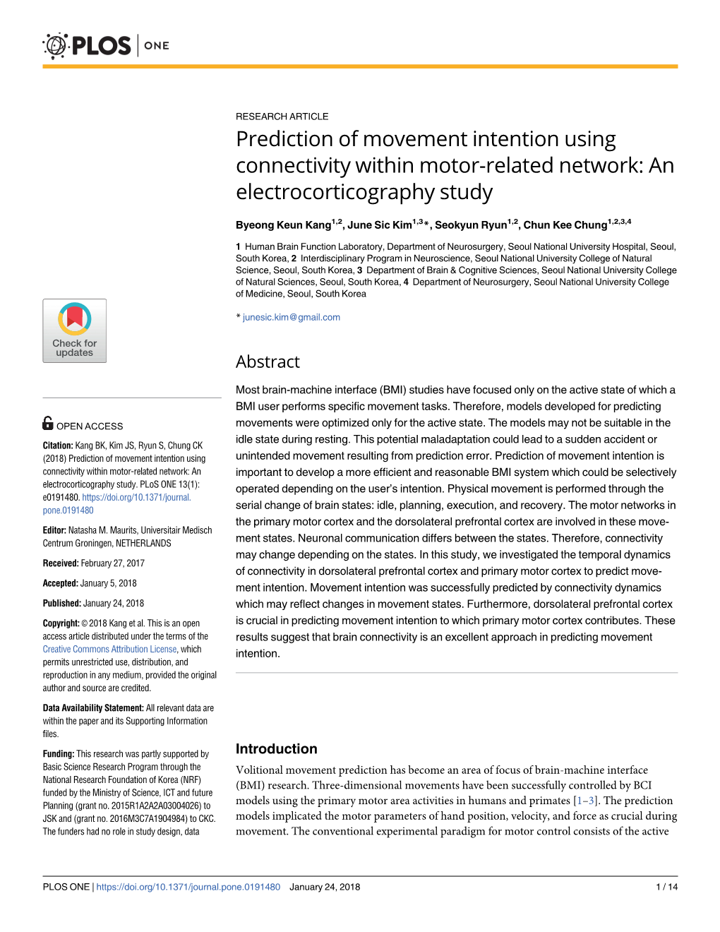 Prediction of Movement Intention Using Connectivity Within Motor-Related Network: an Electrocorticography Study