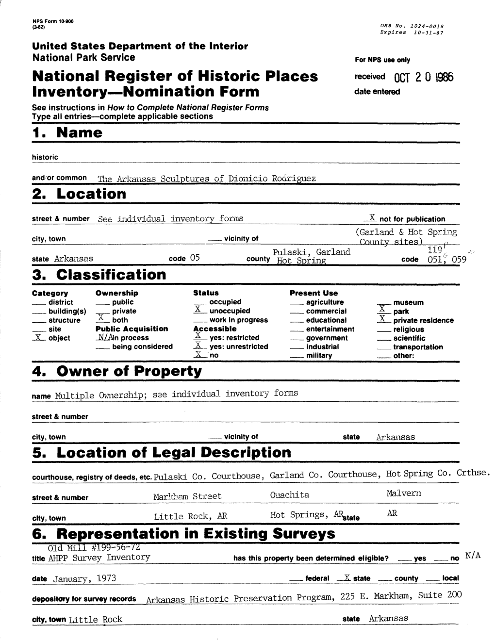 National Register of Historic Places Received QCT 2 0 Inventory Nomination Form Date Entered 2. Location