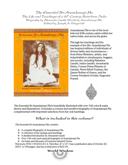 The Essential Sri Anandamayi Ma the Life and Teachings of a 20Th Century Saint from India Biography by Alexander Lipski; Words by Anandamayi Ma Edited by Joseph A